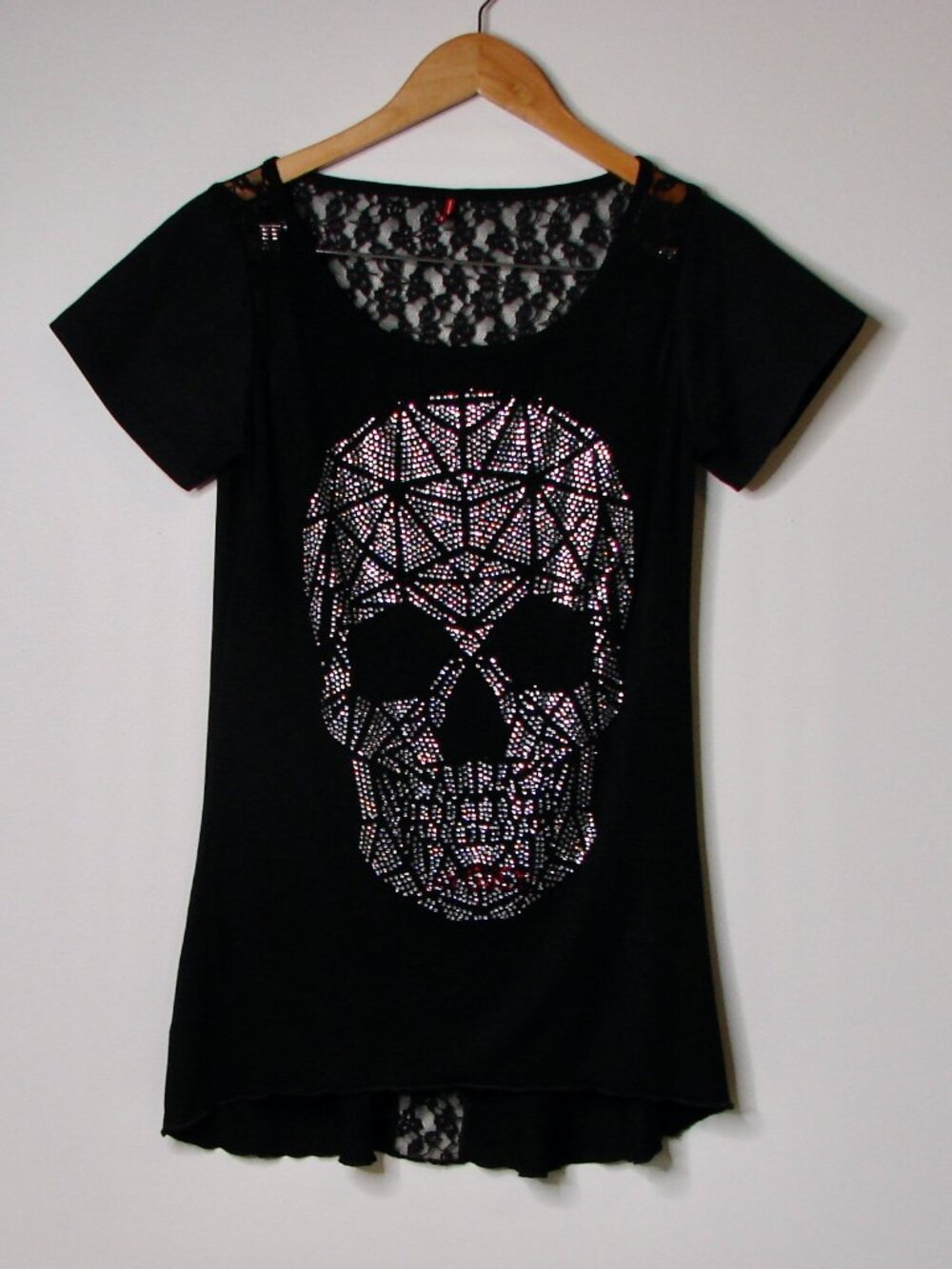Black Rhinestone Skull Tee Shirt Top Lace Details Goth Whimsigoth Size Small
